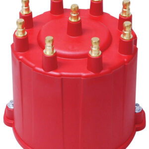 MSD Distributor Cap, HEI Style Terminals, Brass Terminals, Screw Down, Red, Non-Vented, GM HEI V8 External Coil