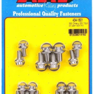 ARP Oil Pan Bolt Kit, 12 Point Head, Stainless, Polished, 2 Piece Cork Gasket, Small Block Chevy, Kit