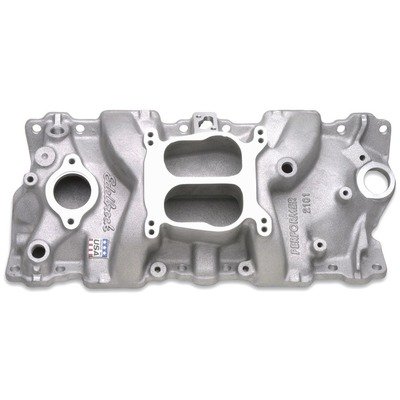 EDELBROCK Intake Manifold, Performer 86 and Earlier, Spread / Square Bore, Dual Plane, Aluminum, Natural, Small Block Chevy, Each