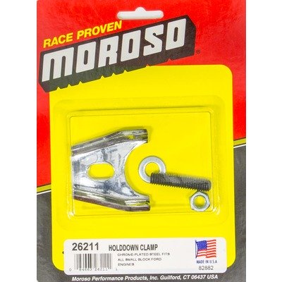 MOROSO Distributor Hold Down, Heavy Duty, Stud Mounted, Hardware Included, Steel, Chrome, Small Block Ford, Each
