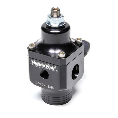 MAGNAFUEL/MAGNAFLOW FUEL SYSTEMS Fuel Pressure Regulator, 4 to 12 psi, In-Line, 10 AN O-Ring Inlet, Dual 6 AN O-Ring Outlets, 1/8 in NPT Port, Aluminum, Black Anodized, E85 / Gas / Methanol, Each