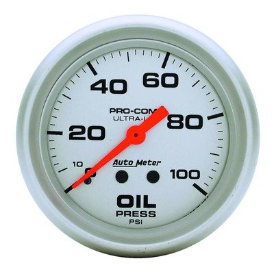 AUTOMETER Oil Pressure Gauge, Ultra-Lite, 0-100 psi, Mechanical, Analog, Full Sweep, 2-5/8 in Diameter, Silver Face, Each