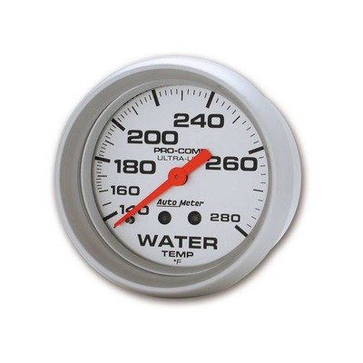 AUTOMETER Water Temperature Gauge, Ultra-Lite, 140-280 Degree F, Mechanical, Analog, Full Sweep, 2-5/8 in Diameter, Silver Face, Each