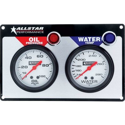 Allstar Performance Gauge Panel Assembly, Oil Pressure / Water Temperature, 2-5/8 in Diameter, Silver Face, Warning Light, Kit