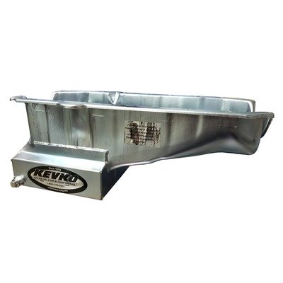 KEVKO OIL PANS & COMPONENTS Engine Oil Pan, Street / Strip, Rear Sump, 6 qt, 8 in Deep, Removable Aluminum Windage Tray, Driver Side Dipstick, Steel, Zinc Plated, 2-Piece Seal, Small Block Chevy, Kit